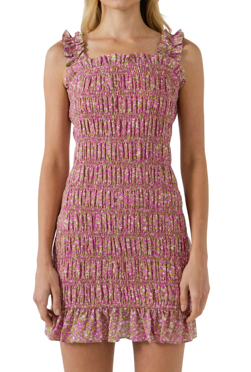 Apparel- Free the Roses All Over Smocked Ruffle Mini Dress