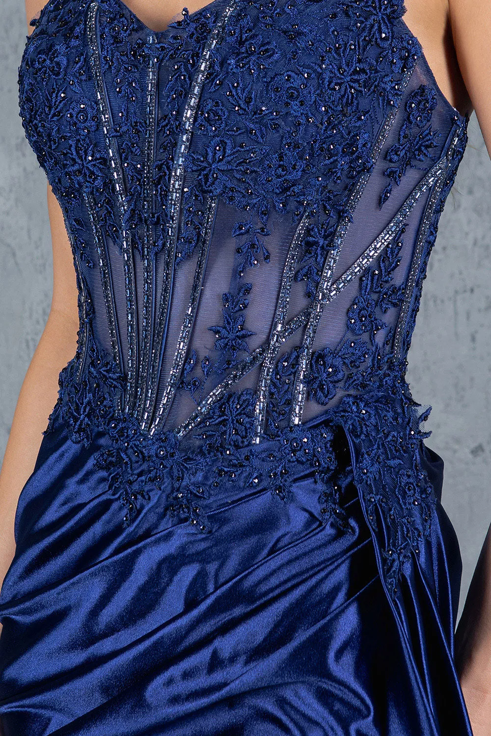 Applique Satin Corset Slit Gown by Cinderella Couture 8177J