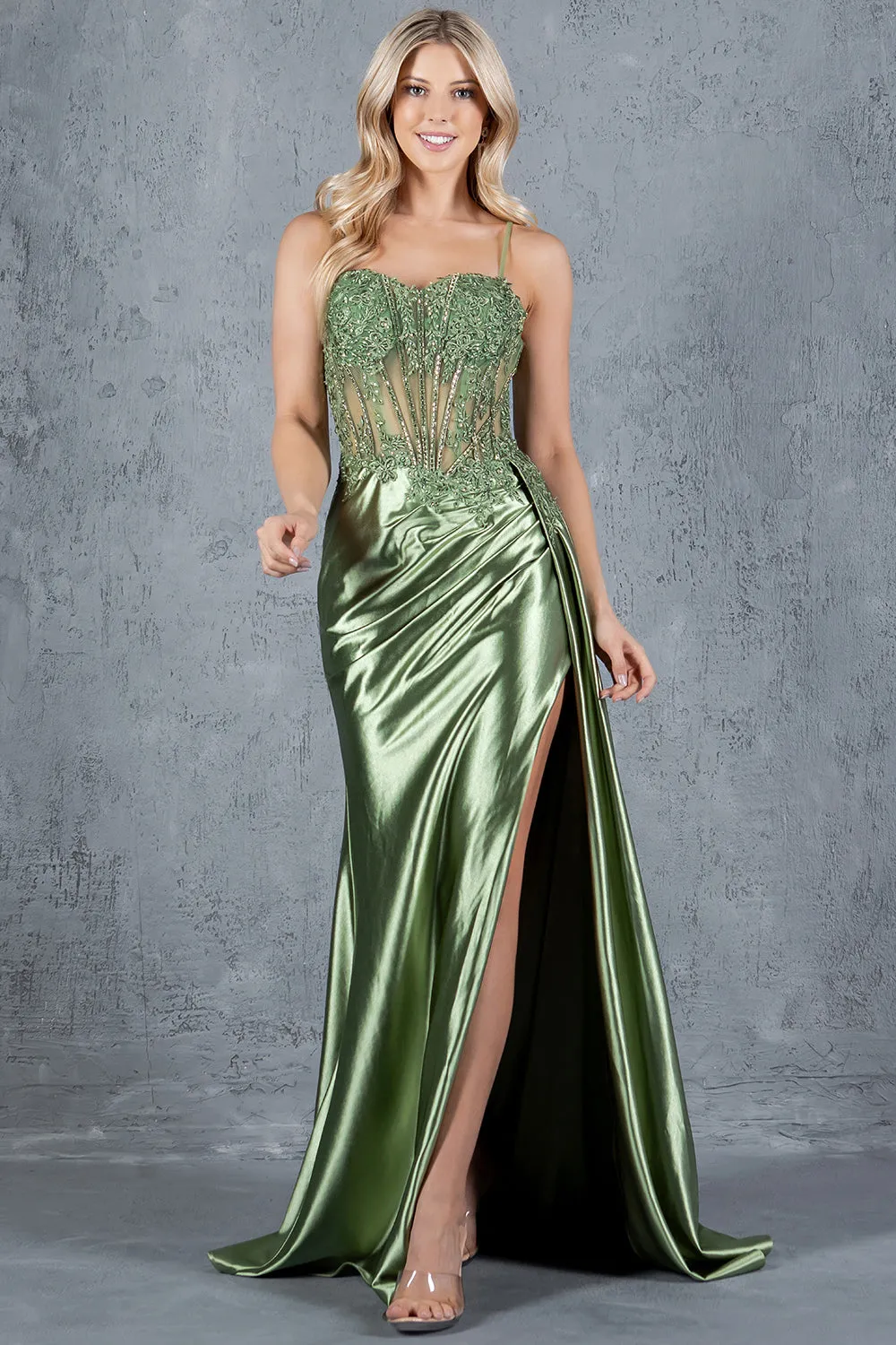 Applique Satin Corset Slit Gown by Cinderella Couture 8177J