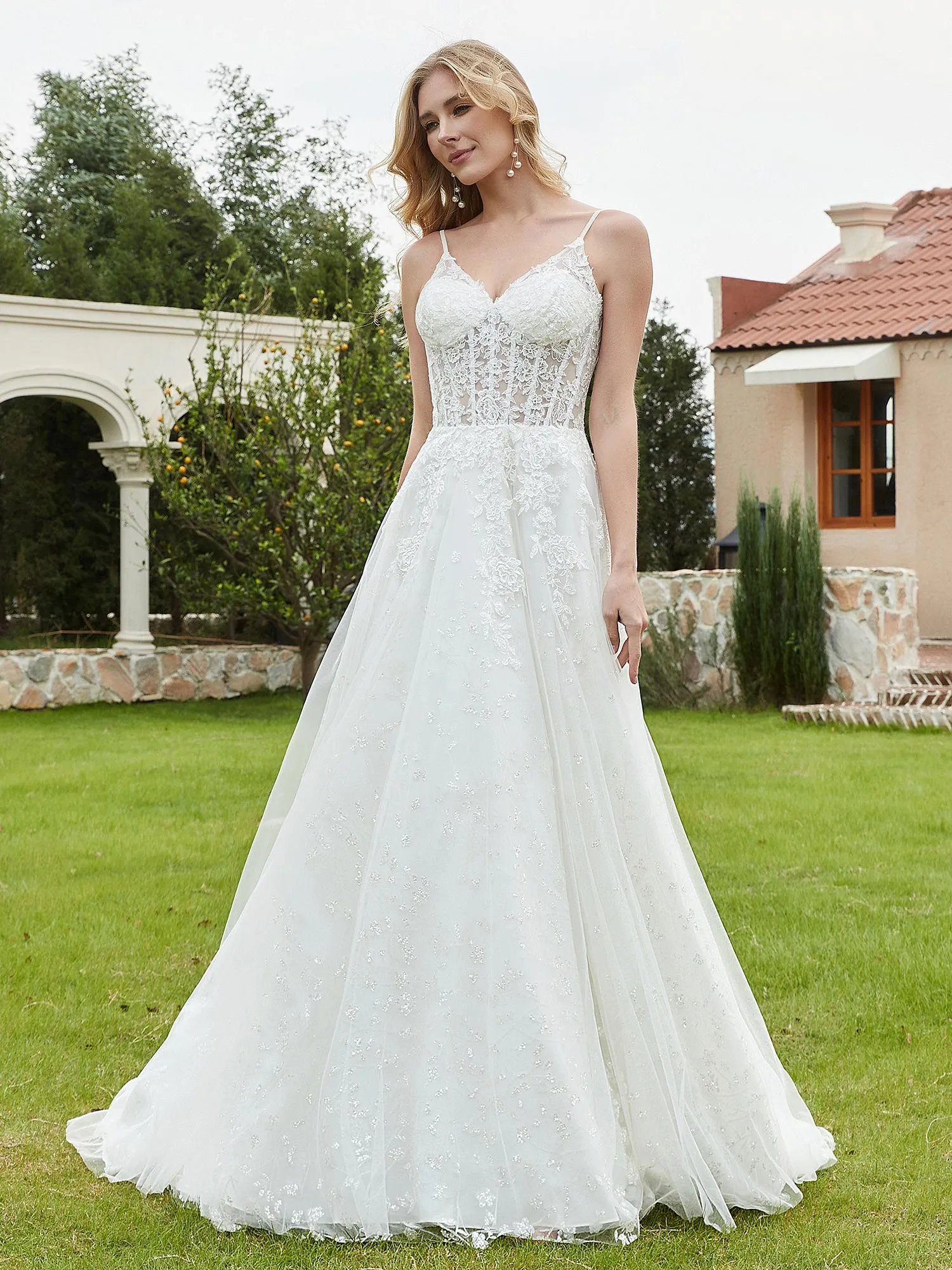 Appliqued Spaghetti Straps Tulle Lace Wedding Dress White