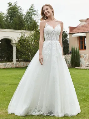 Appliqued Spaghetti Straps Tulle Lace Wedding Dress White