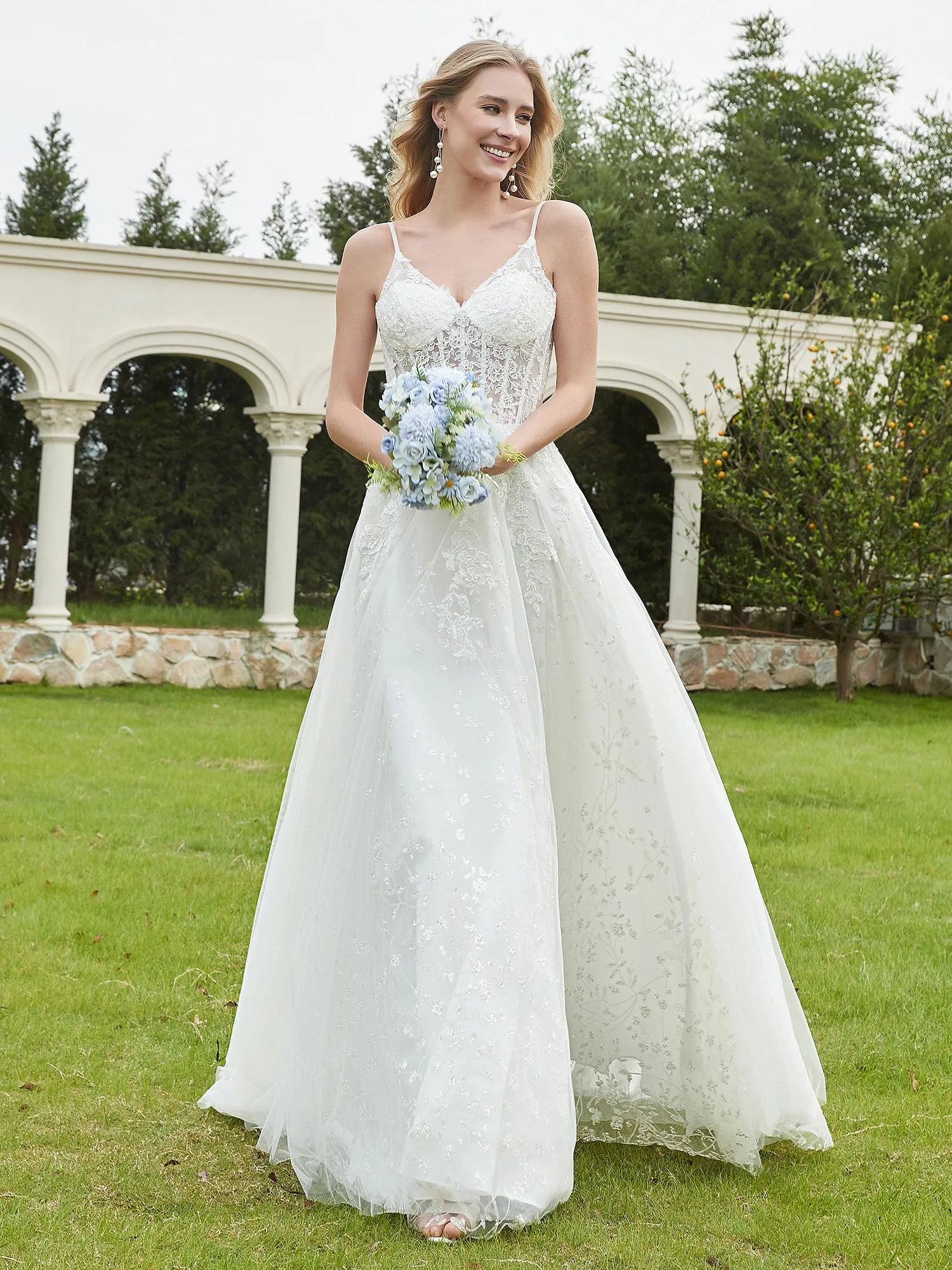 Appliqued Spaghetti Straps Tulle Lace Wedding Dress White