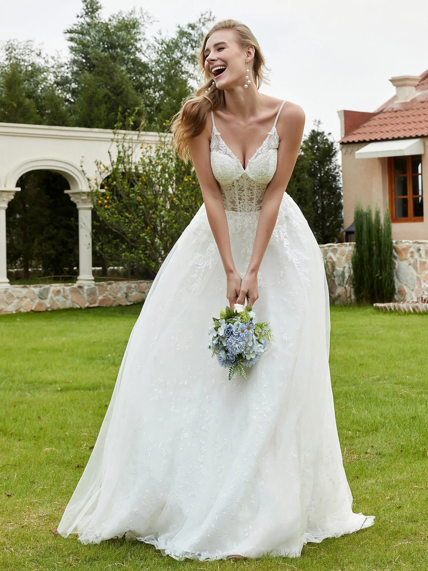 Appliqued Spaghetti Straps Tulle Lace Wedding Dress White