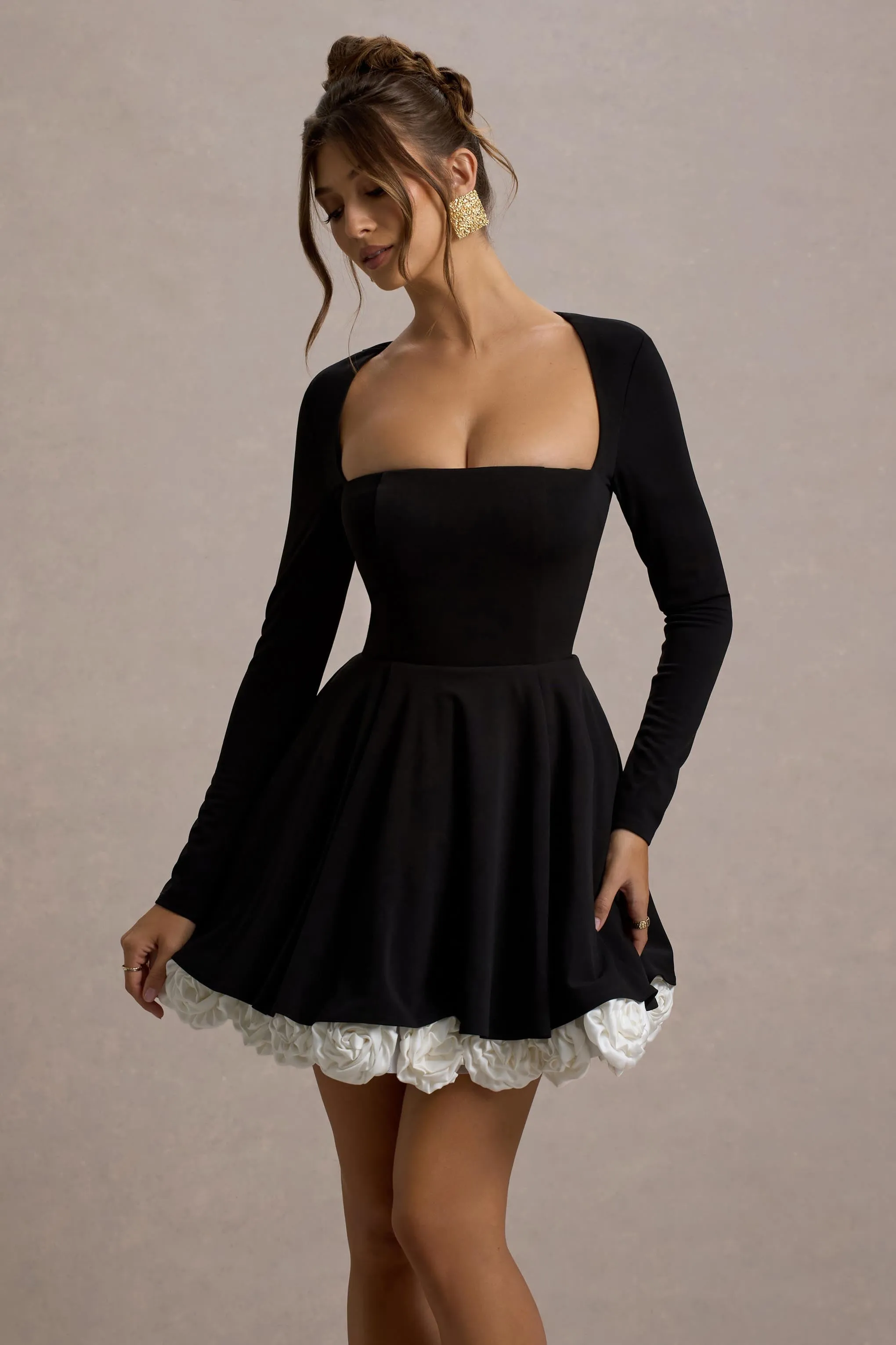 Azelie | Black & White Square-Neck Floral-Trim Mini Dress