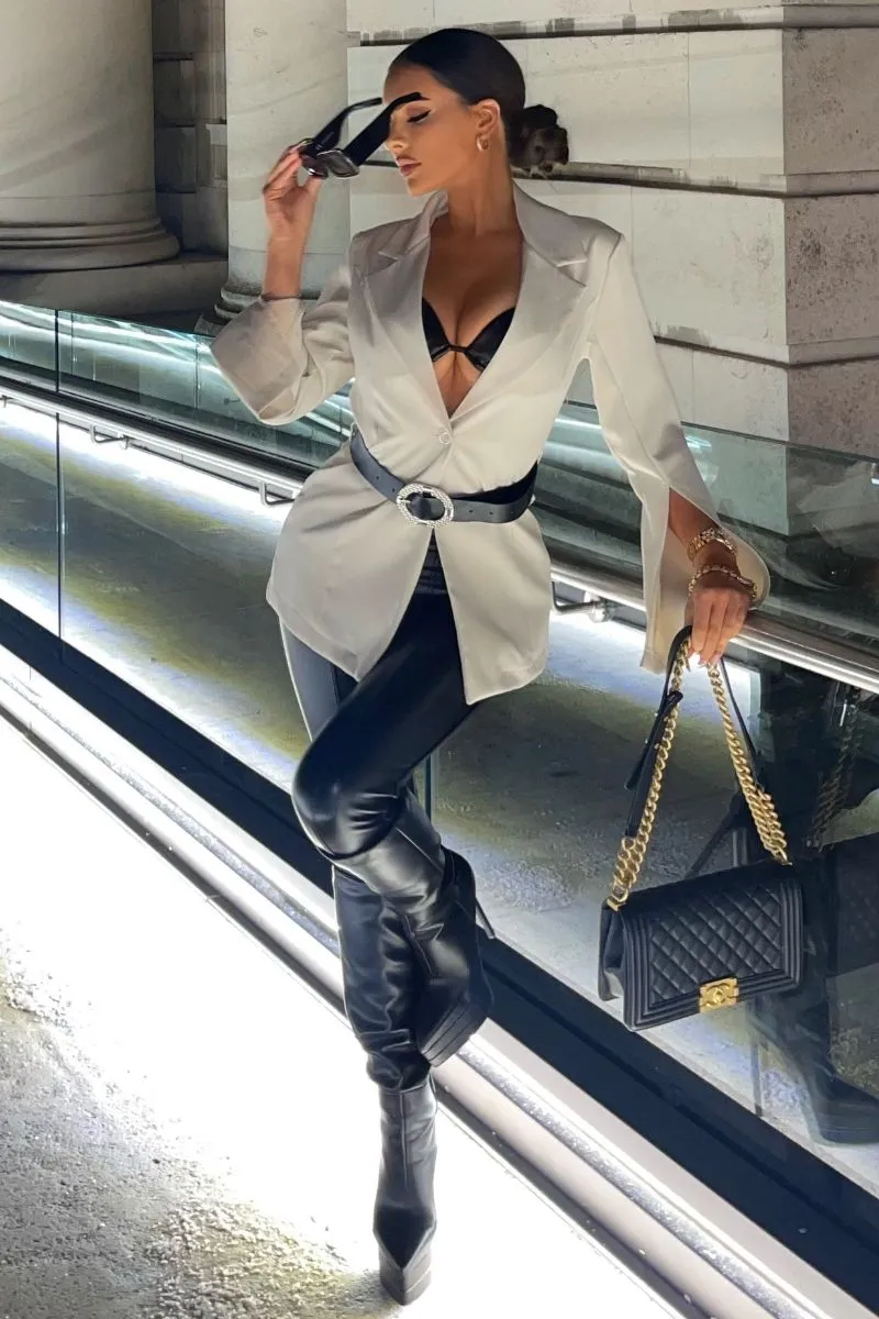 Beige Cape Sleeve Belted Mini Blazer Dress