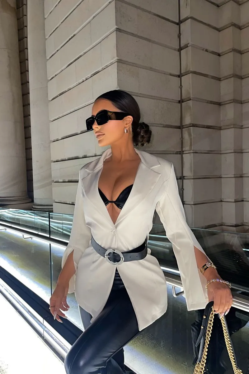 Beige Cape Sleeve Belted Mini Blazer Dress