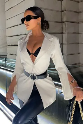 Beige Cape Sleeve Belted Mini Blazer Dress