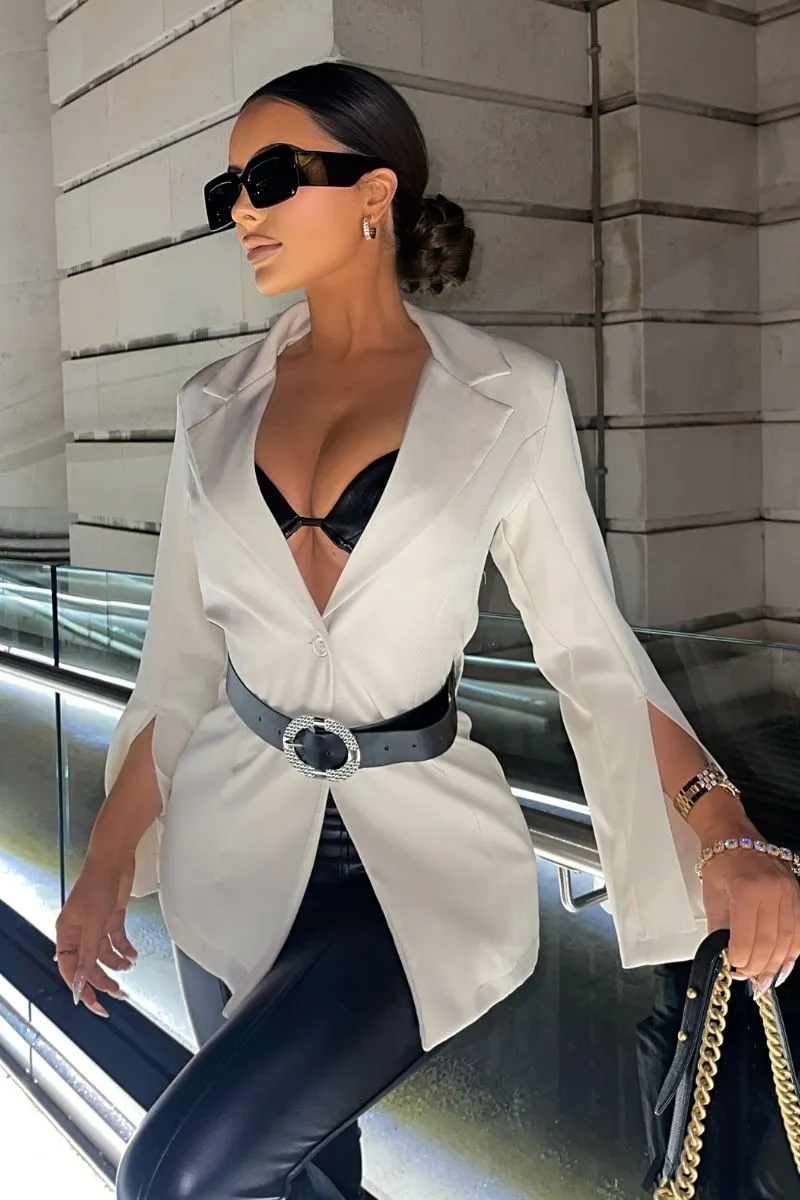 Beige Cape Sleeve Belted Mini Blazer Dress