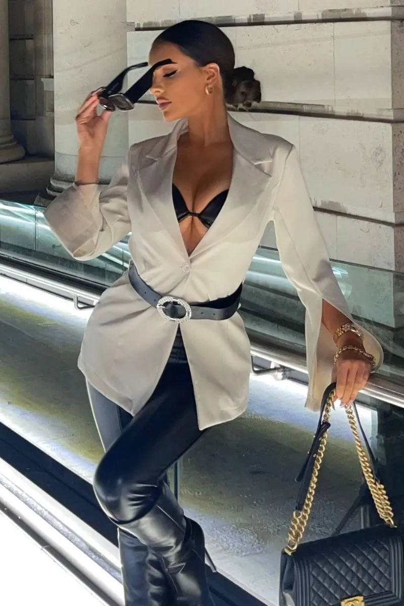Beige Cape Sleeve Belted Mini Blazer Dress