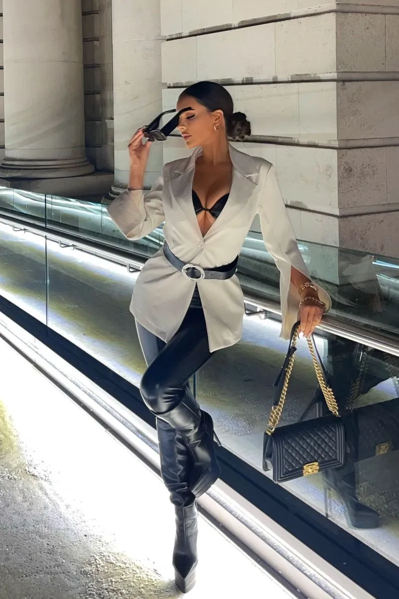 Beige Cape Sleeve Belted Mini Blazer Dress