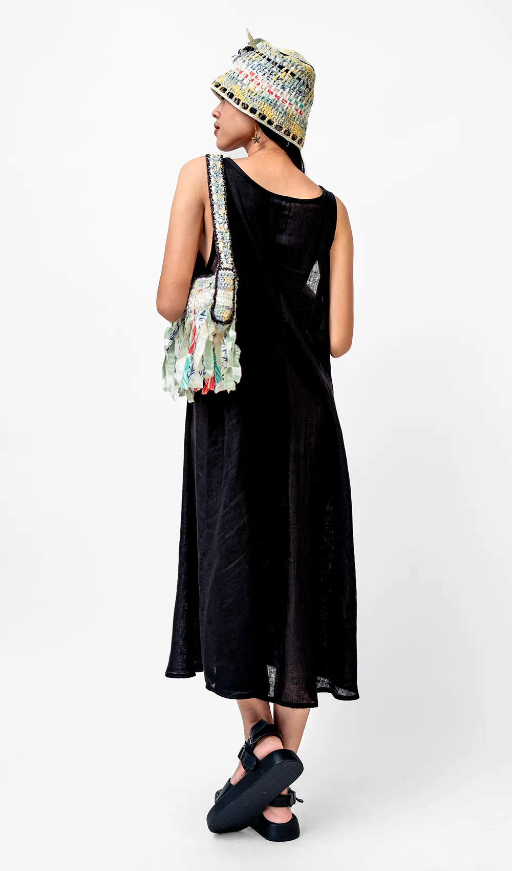 Black French Linen Semi Swing Dress, 3 sizes