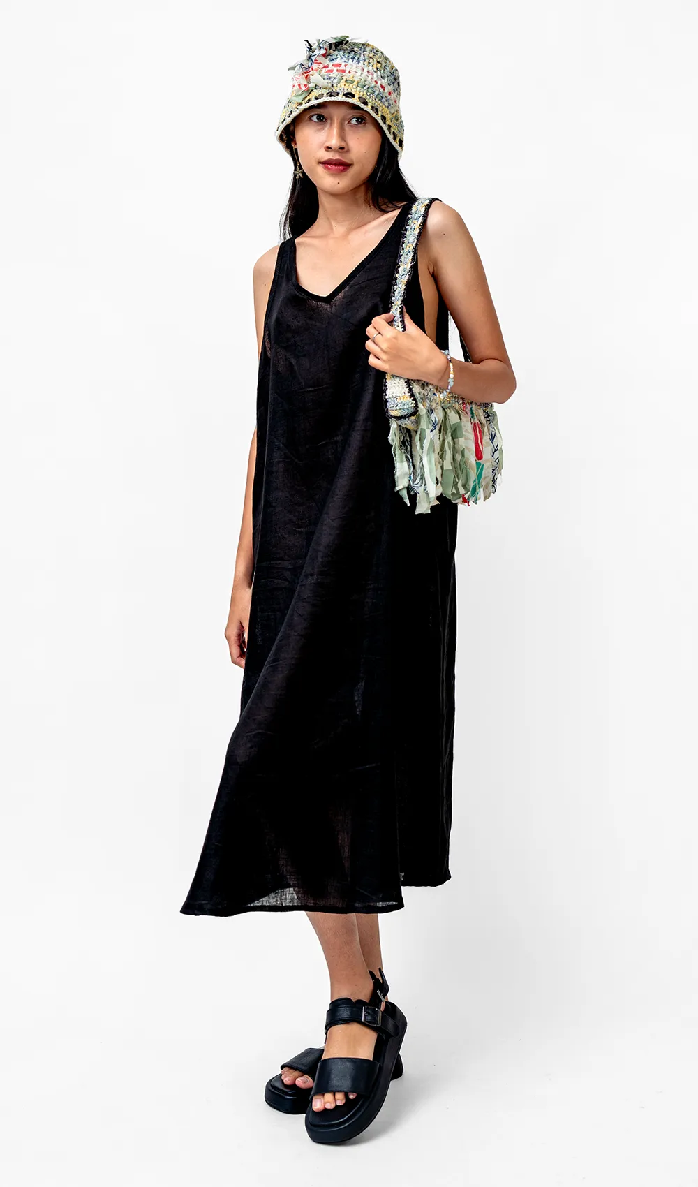Black French Linen Semi Swing Dress, 3 sizes