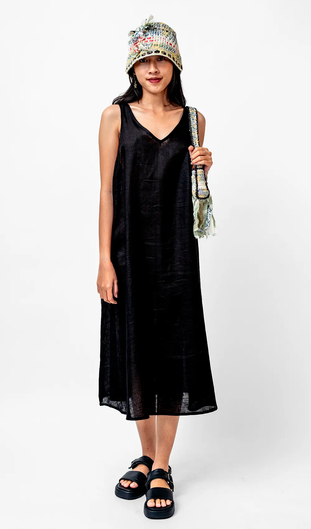 Black French Linen Semi Swing Dress, 3 sizes