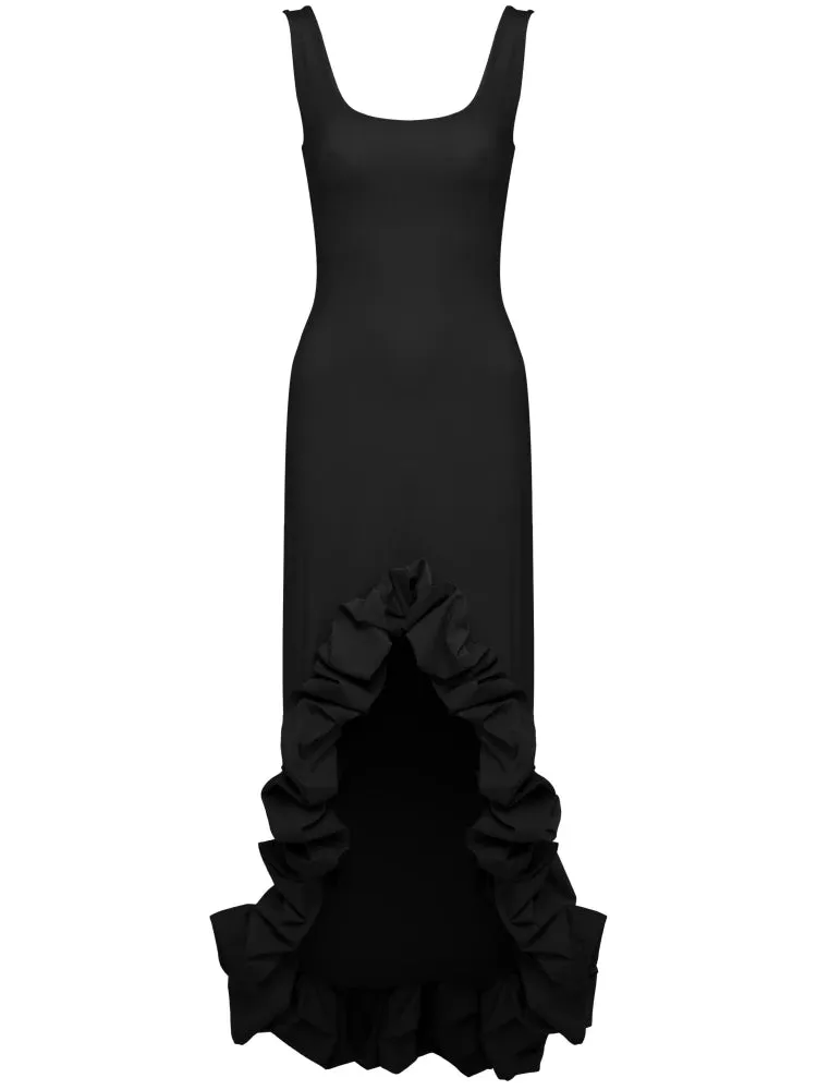 Black Ruffled Trim Slit Sleeveless Dress
