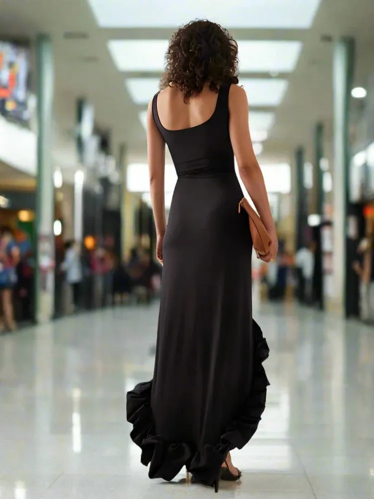 Black Ruffled Trim Slit Sleeveless Dress