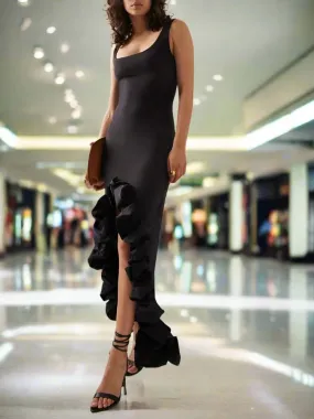 Black Ruffled Trim Slit Sleeveless Dress