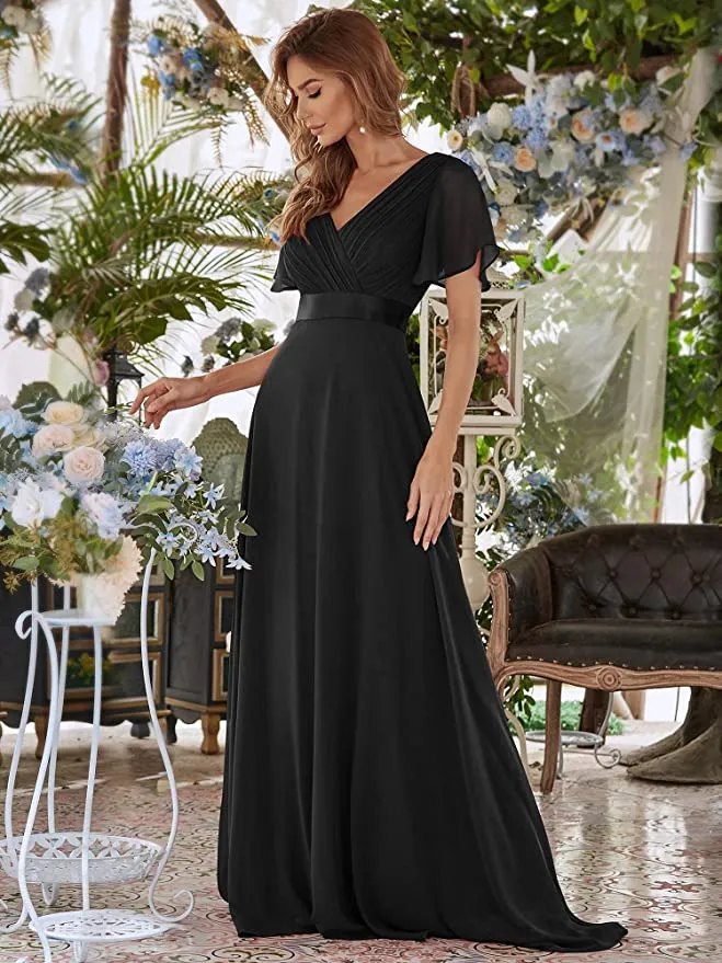 Burgundy Women's Short Sleeve V-Neck Long Evening Dress - Ever Pretty