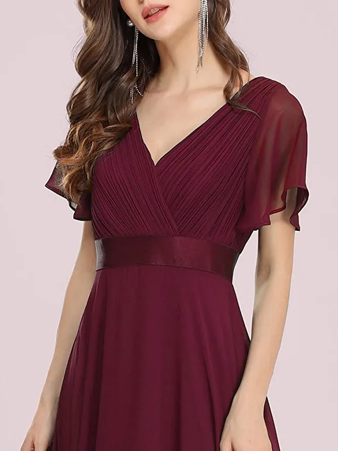 Burgundy Women's Short Sleeve V-Neck Long Evening Dress - Ever Pretty