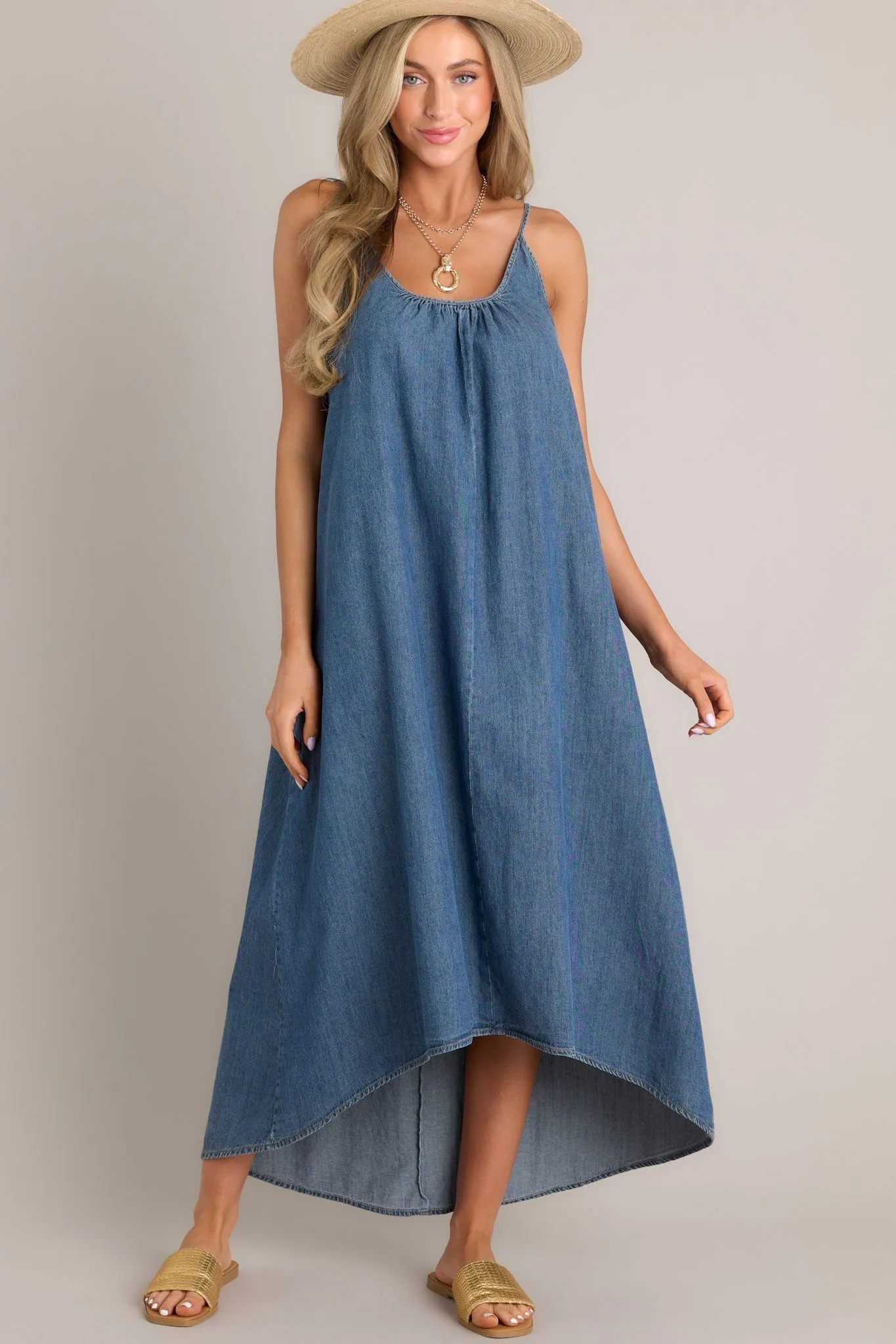 Celestial Swing Denim Asymmetrical High Low Dress