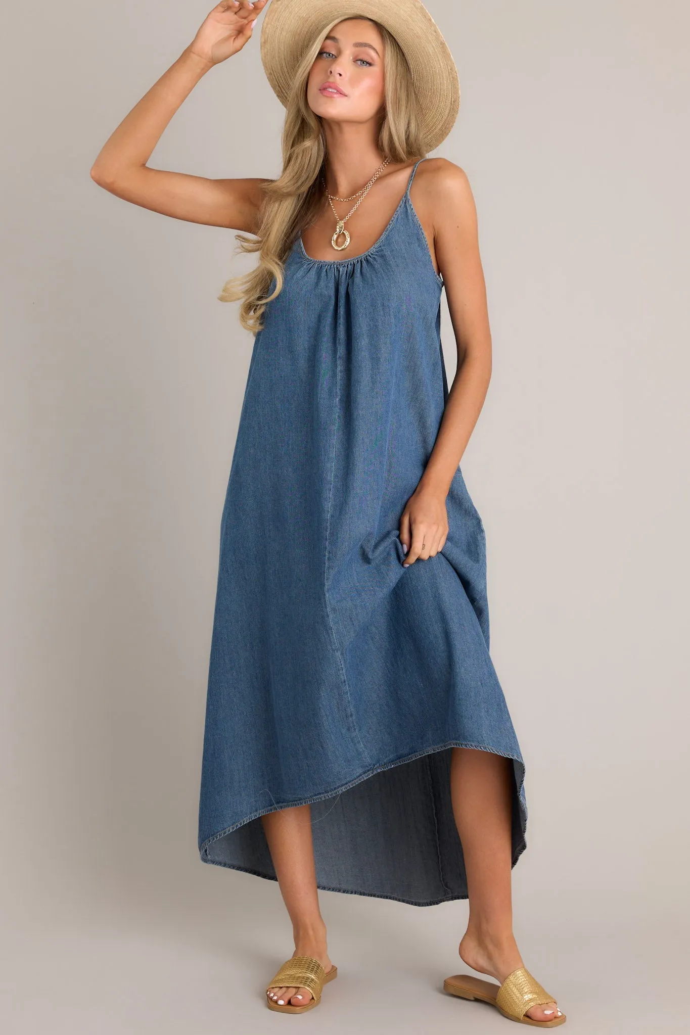Celestial Swing Denim Asymmetrical High Low Dress