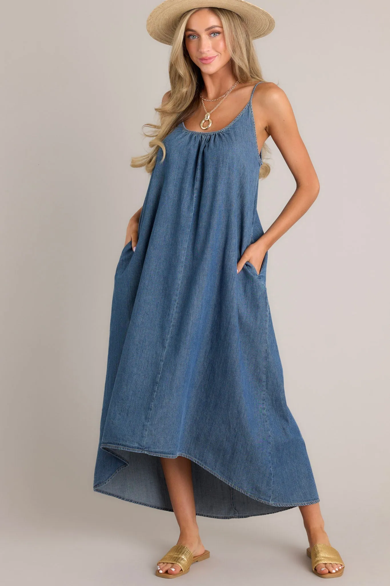 Celestial Swing Denim Asymmetrical High Low Dress
