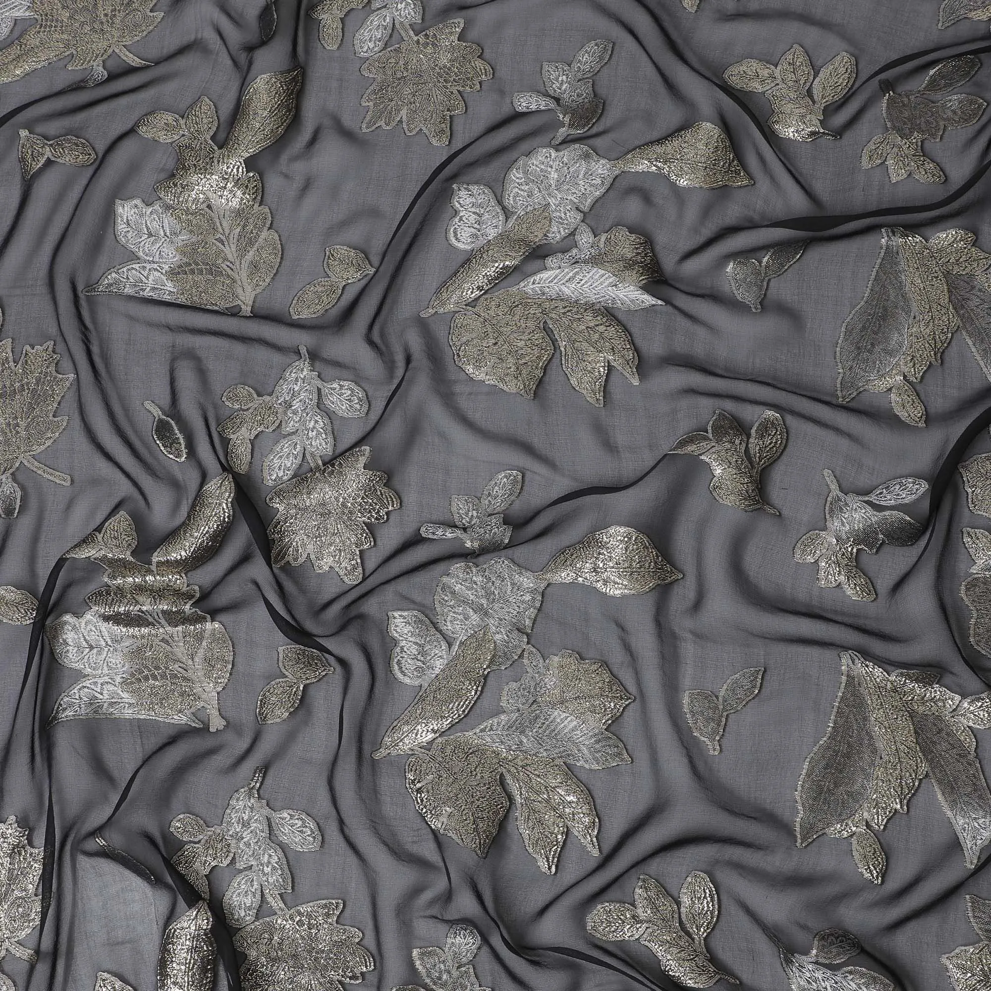 Charcoal Glamour Silk Chiffon Fabric with Silver Lurex, 110cm Wide – Bespoke Textile for Exclusive Creations-D18385