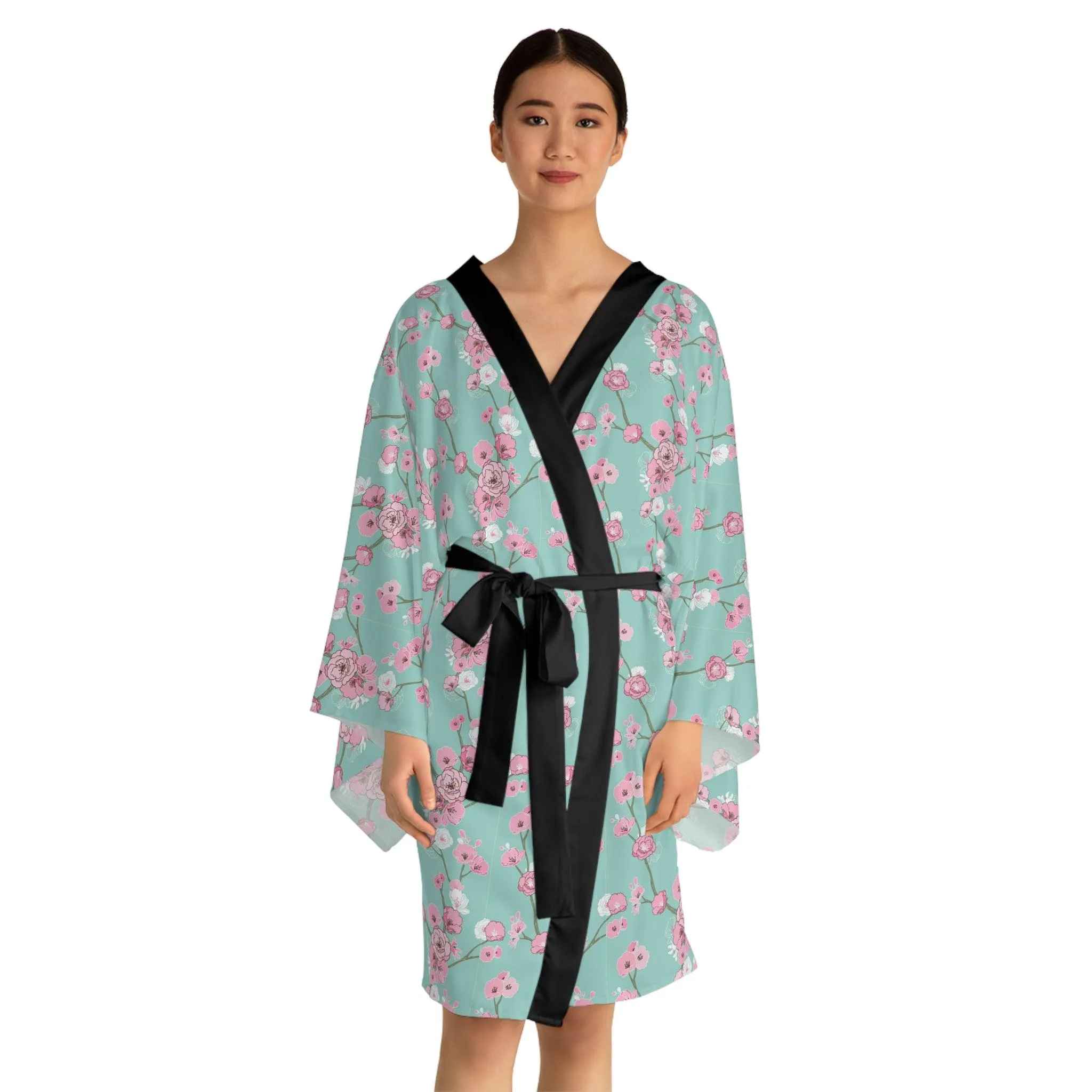 Cherry Blossom Elegance Kimono Robe with Flowing Sleeves and Stylish Belt