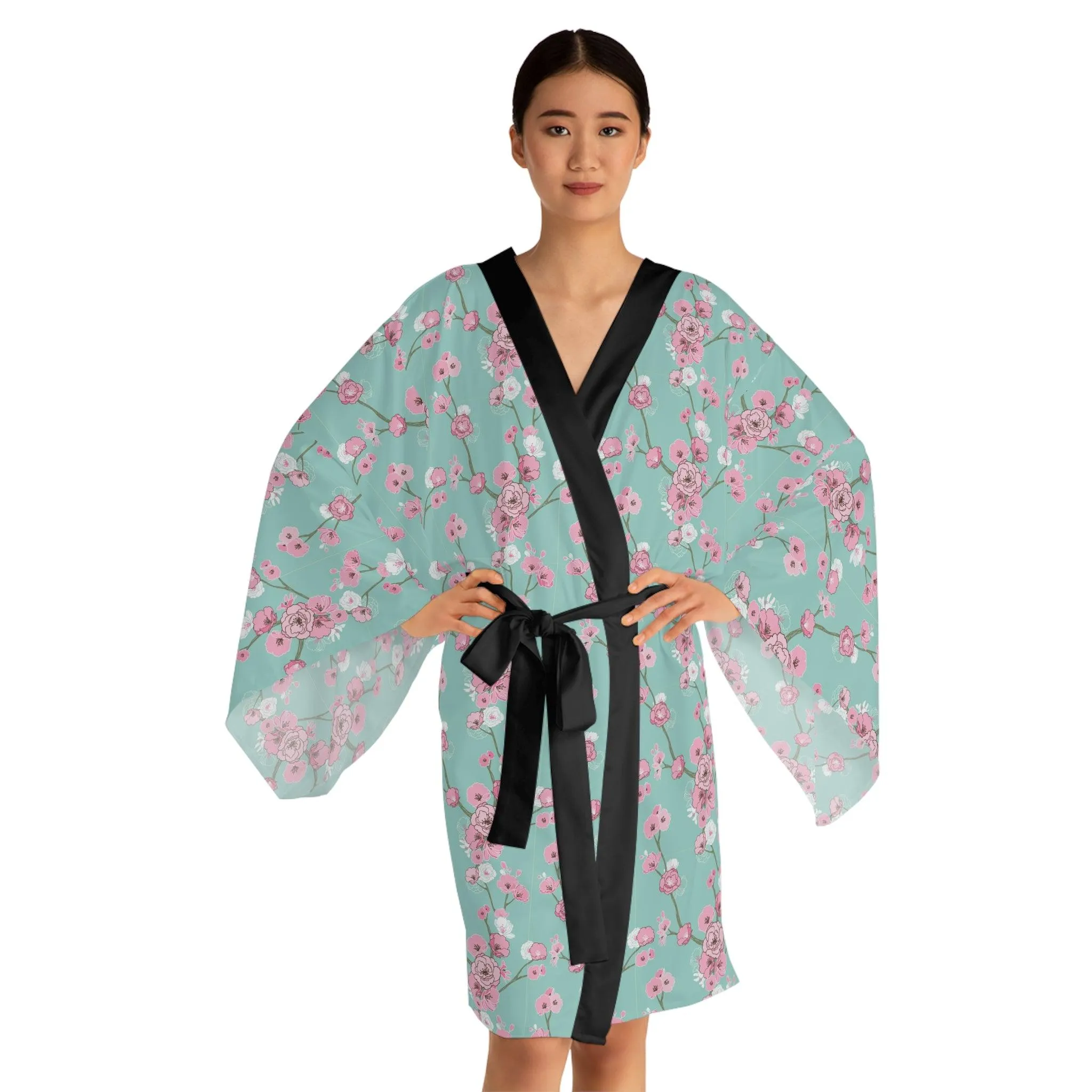 Cherry Blossom Elegance Kimono Robe with Flowing Sleeves and Stylish Belt