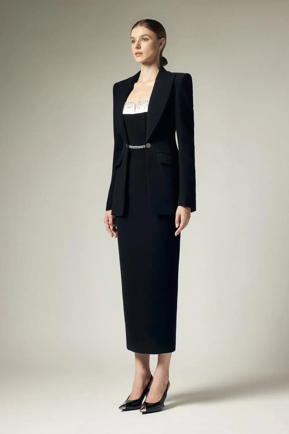 Chevrolet Sheath Sleeveless Crepe Midi Dress