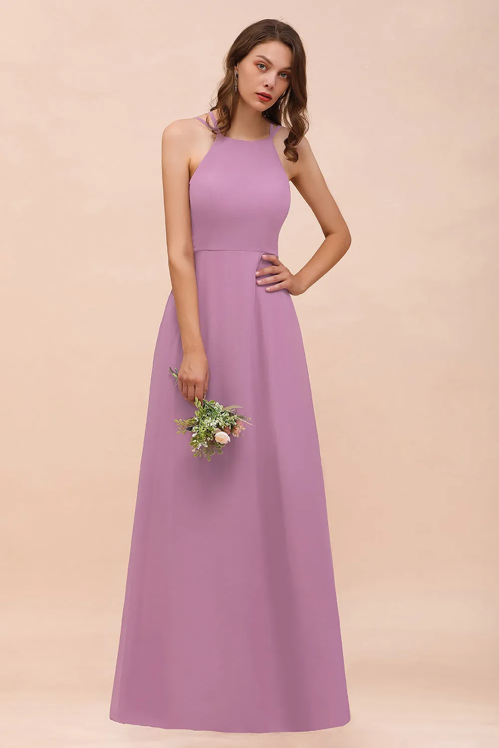 Chic A-Line Halter Chiffon Open Back Long Bridesmaid Dresses