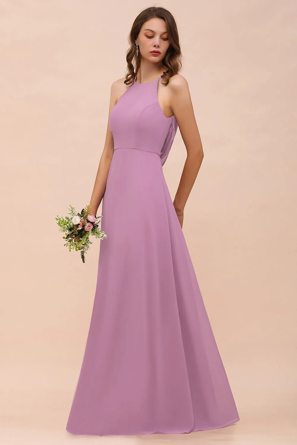 Chic A-Line Halter Chiffon Open Back Long Bridesmaid Dresses