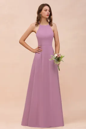 Chic A-Line Halter Chiffon Open Back Long Bridesmaid Dresses
