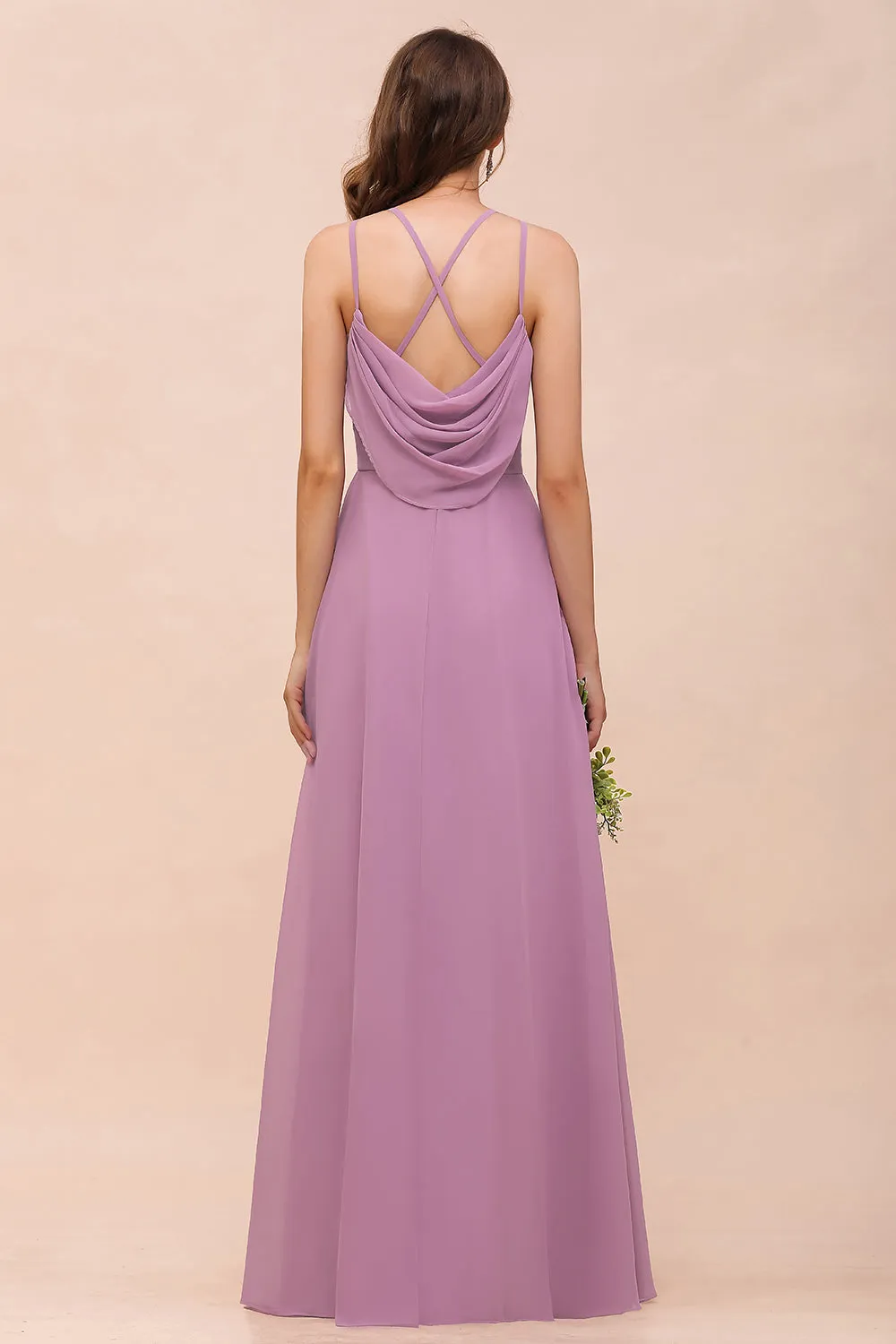 Chic A-Line Halter Chiffon Open Back Long Bridesmaid Dresses