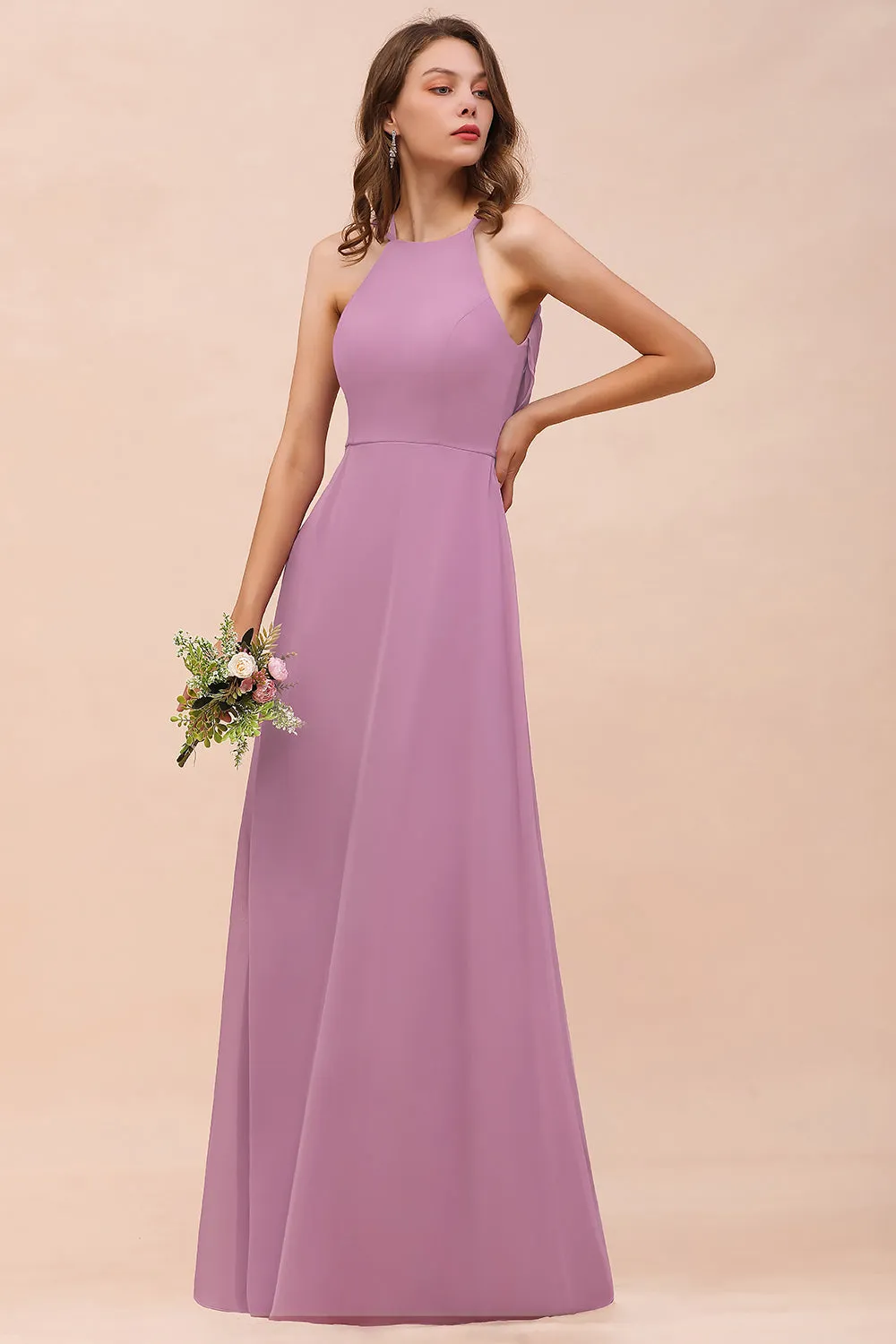 Chic A-Line Halter Chiffon Open Back Long Bridesmaid Dresses