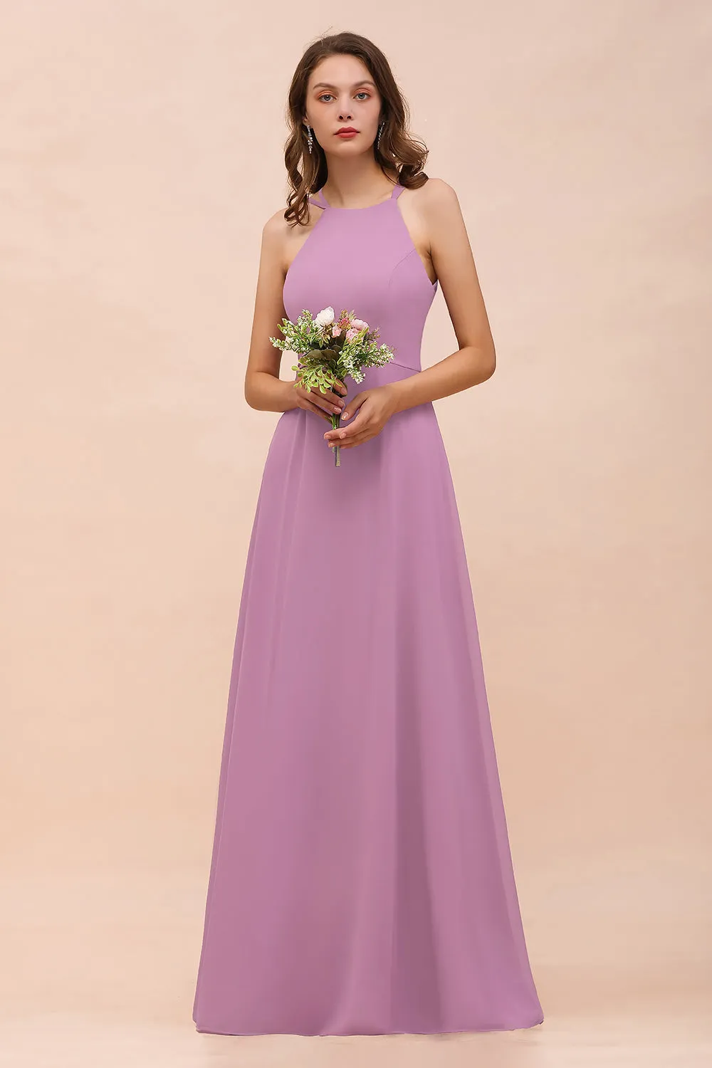 Chic A-Line Halter Chiffon Open Back Long Bridesmaid Dresses