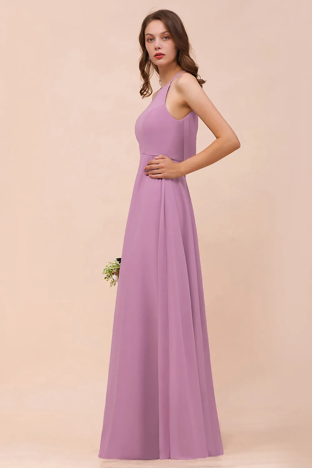 Chic A-Line Halter Chiffon Open Back Long Bridesmaid Dresses