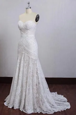 Chic Ivory Lace Mermaid Beach Wedding Dresses Sweetheart Rustic Boho Bridal Dresses WK658