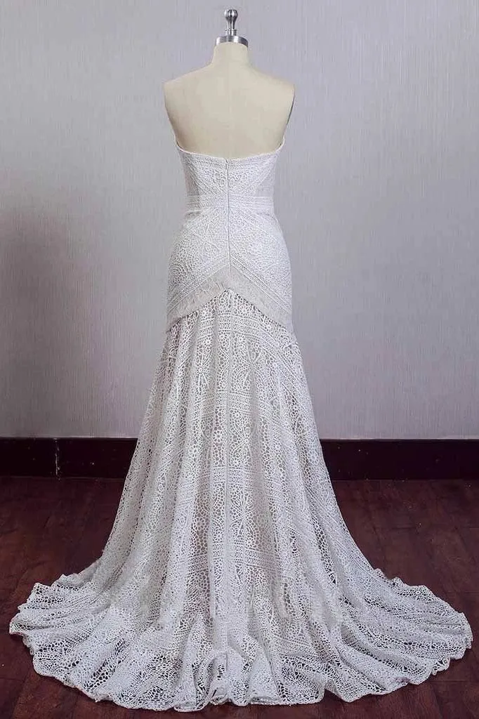 Chic Ivory Lace Mermaid Beach Wedding Dresses Sweetheart Rustic Boho Bridal Dresses WK658