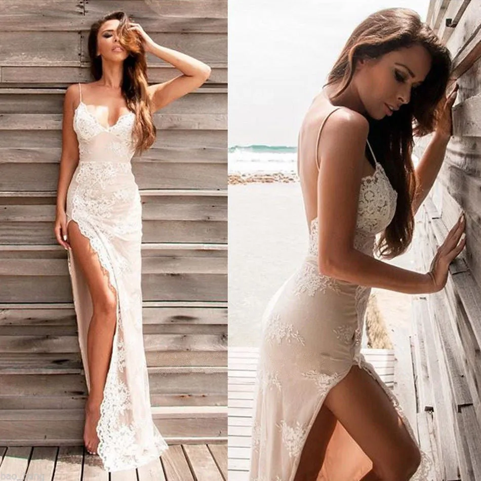 Chic Long Column Straps Lace Backless Prom Dress with Slit
