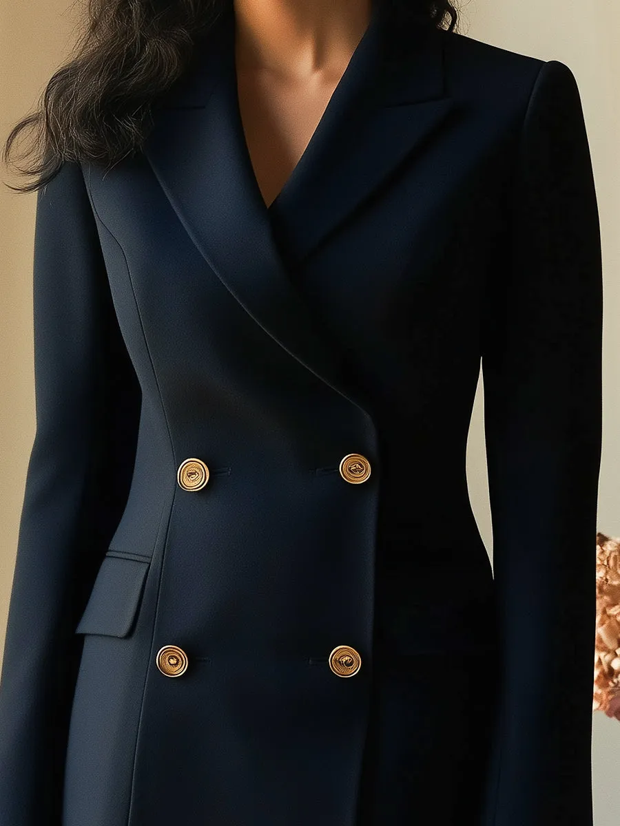 Classic Navy Blue Blazer Dress with Tailored Fit and Gold Accents