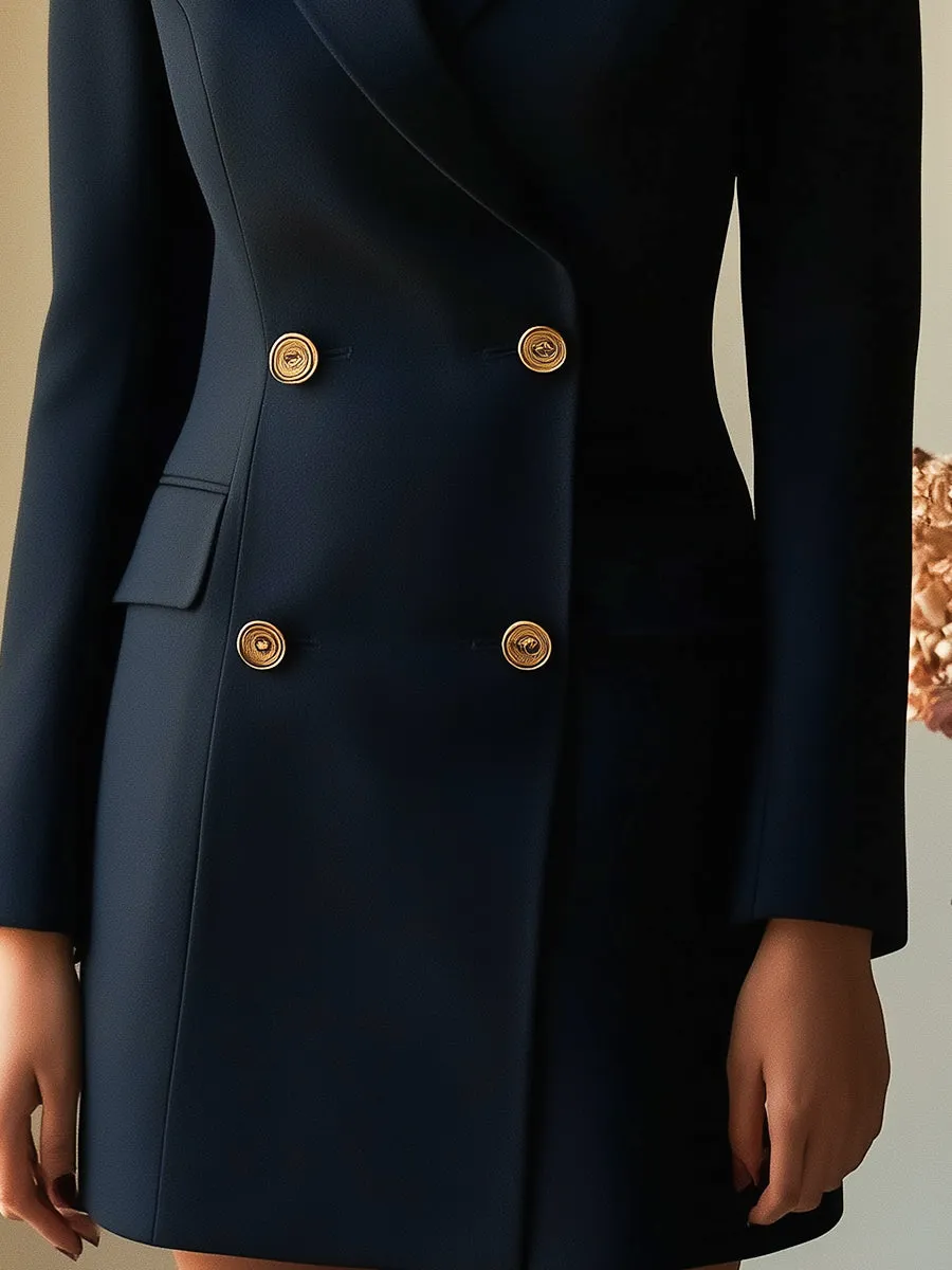 Classic Navy Blue Blazer Dress with Tailored Fit and Gold Accents