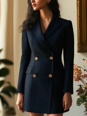 Classic Navy Blue Blazer Dress with Tailored Fit and Gold Accents