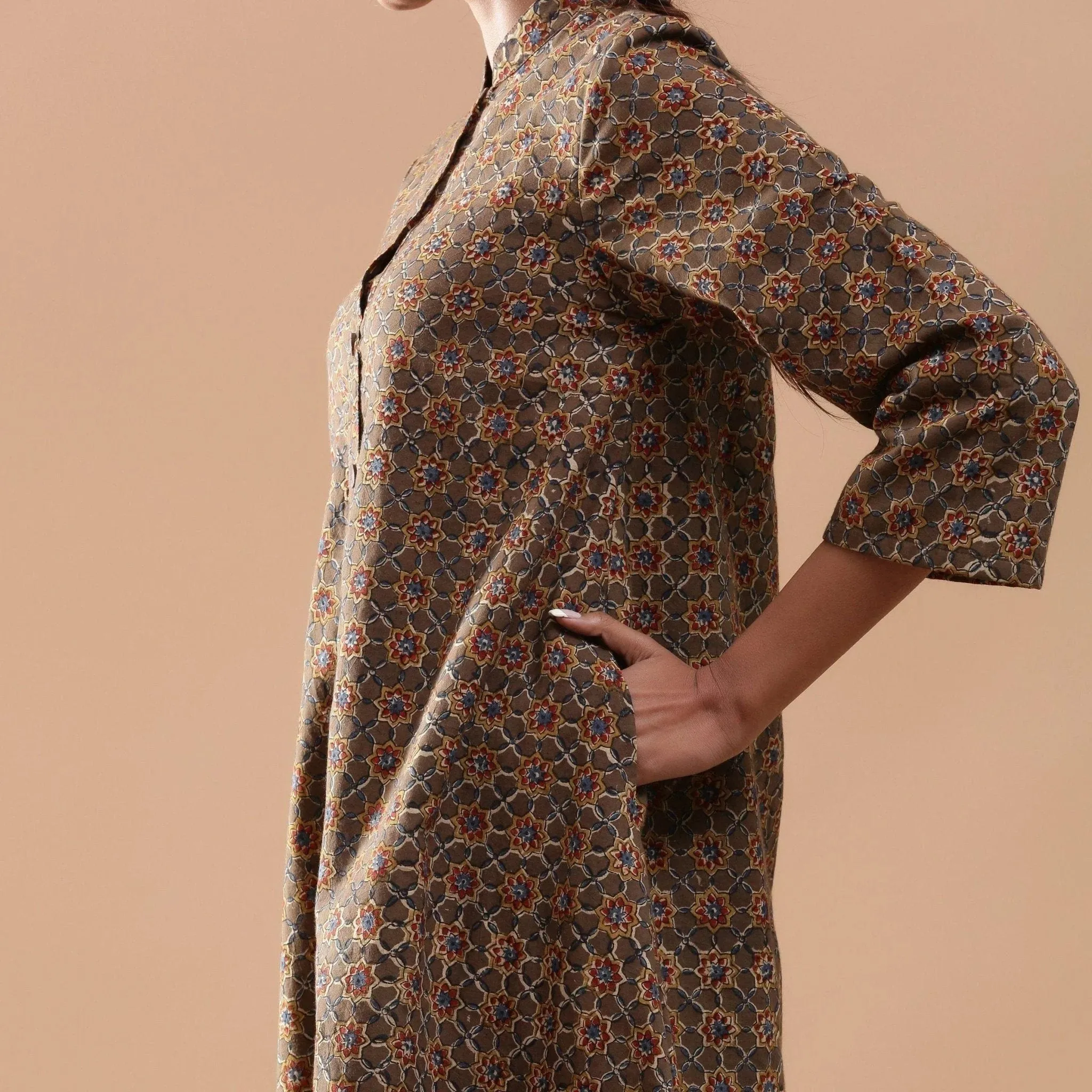 Convertible Block Printed Warm Cotton Short Overlay Dress