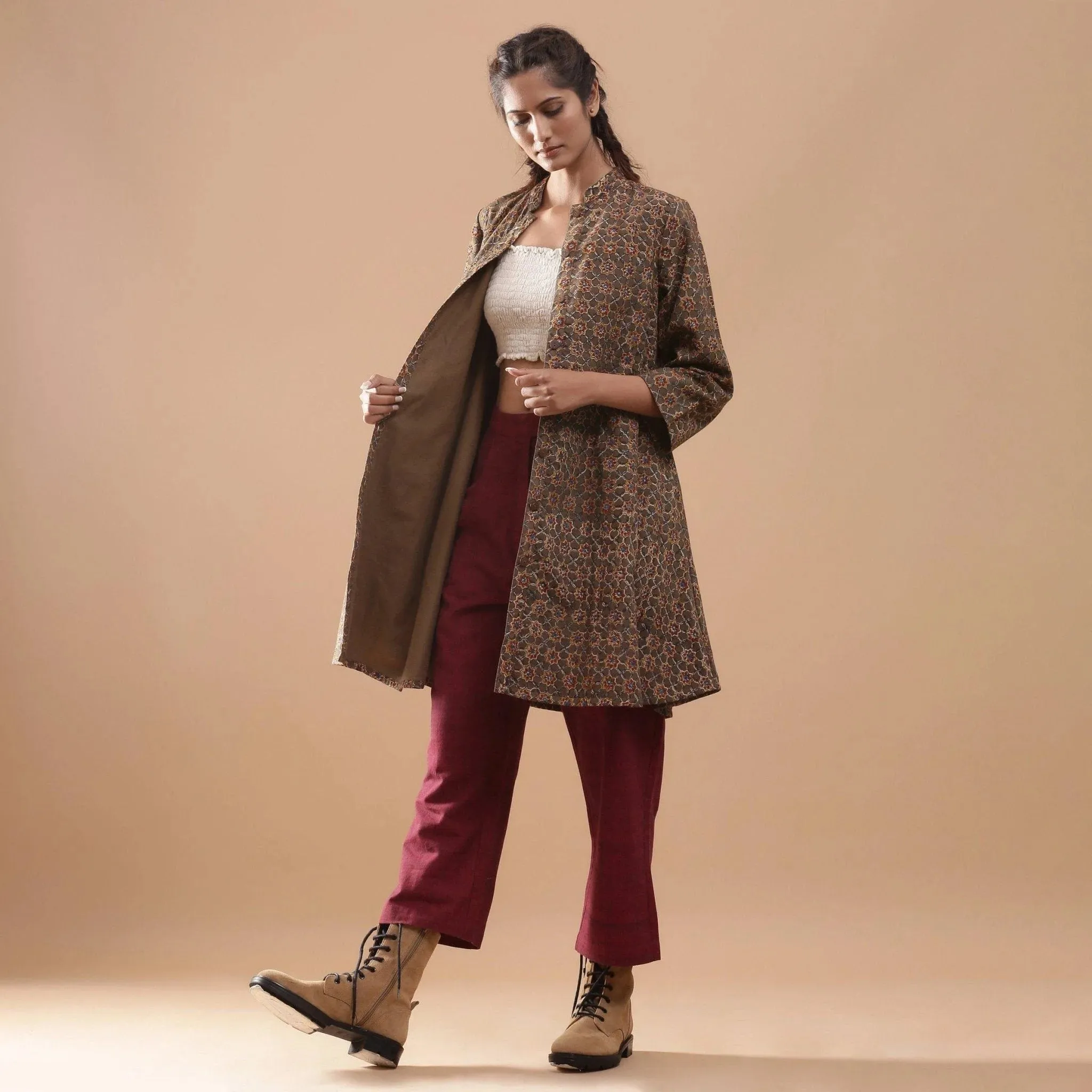 Convertible Block Printed Warm Cotton Short Overlay Dress