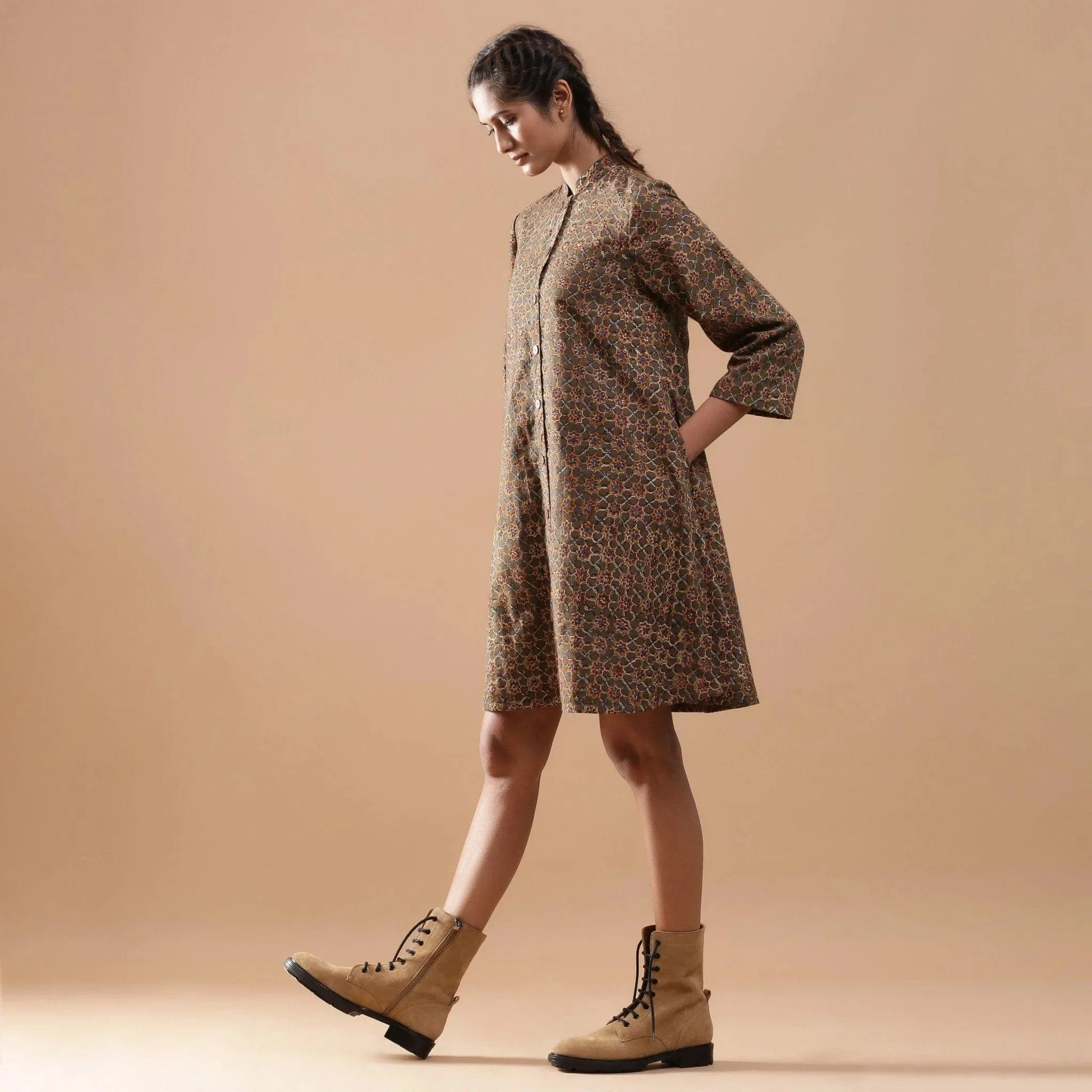 Convertible Block Printed Warm Cotton Short Overlay Dress