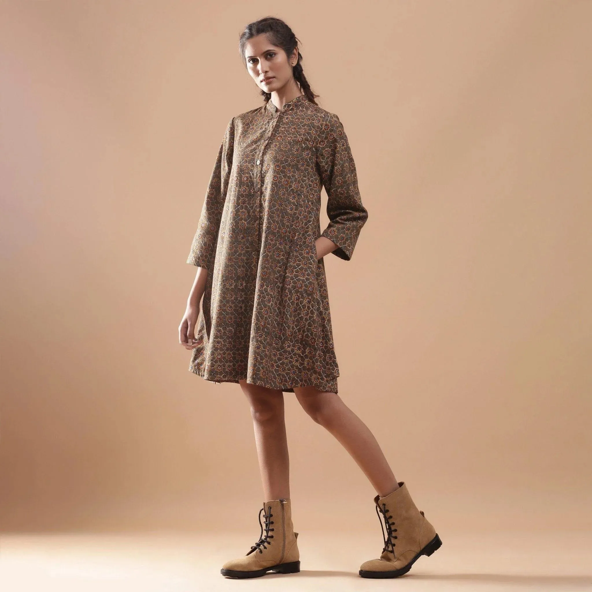 Convertible Block Printed Warm Cotton Short Overlay Dress