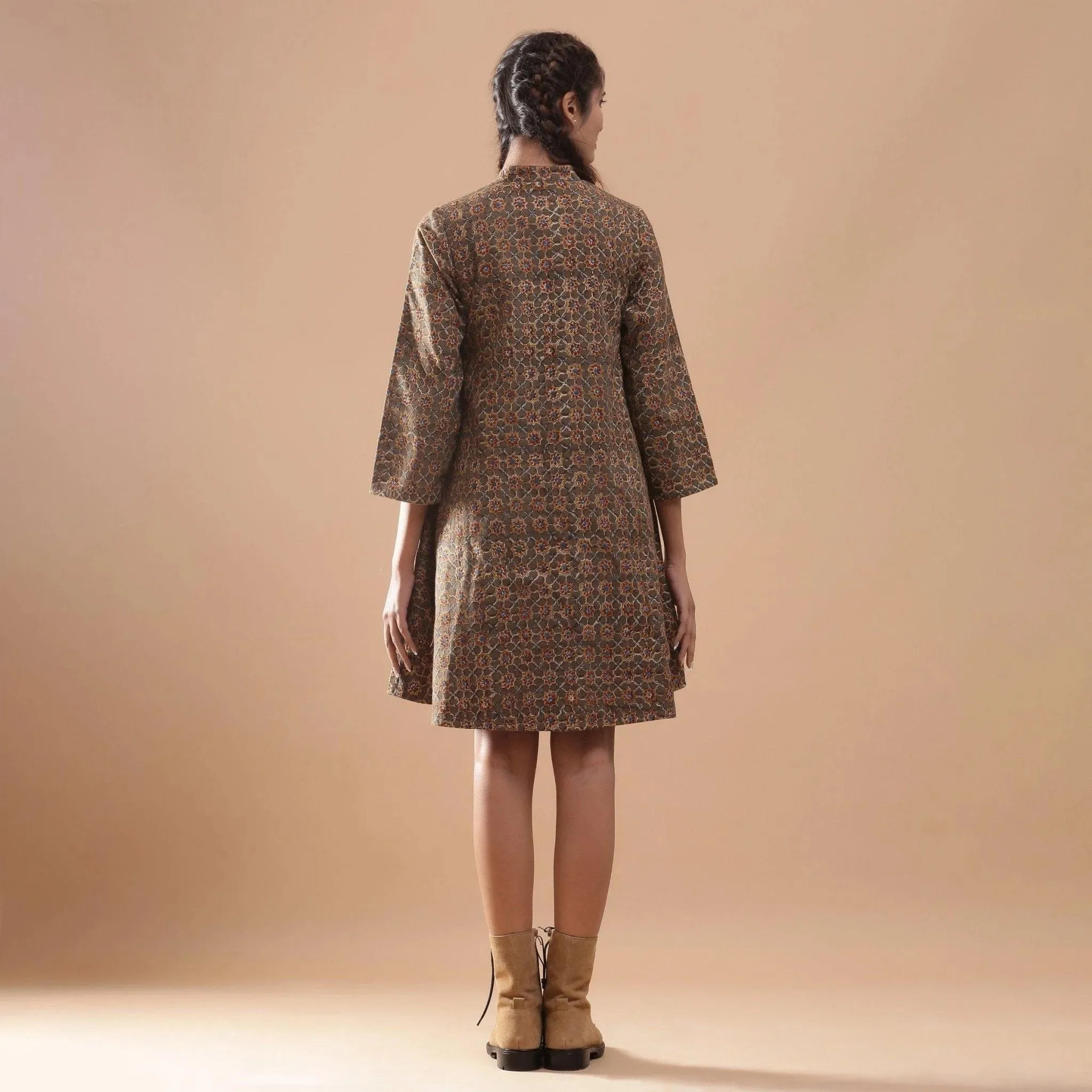 Convertible Block Printed Warm Cotton Short Overlay Dress