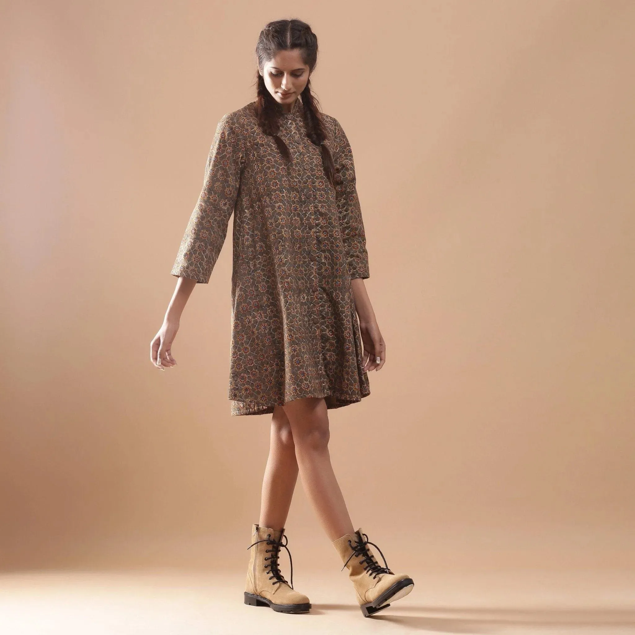 Convertible Block Printed Warm Cotton Short Overlay Dress