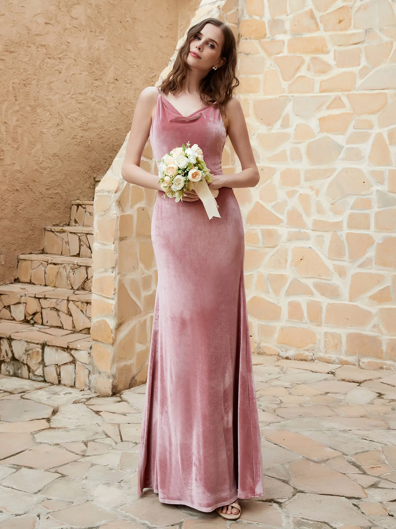 Cowl Neck Mermaid Velvet Gown Dusty Rose