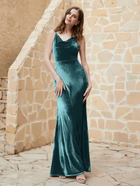 Cowl Neck Mermaid Velvet Gown Peacock